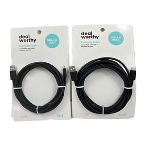 Deal Worthy 10 ft Charging Cable USB-A to USB-C, Black, Lof of 2 NEW FREE SHIP